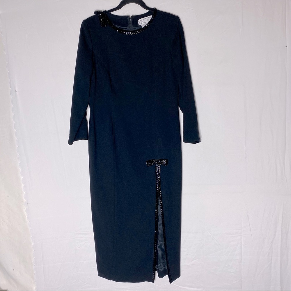 Vintage Simon Chang Black Long Sleeve Midi Dress With Slit And beaded Trim 8 - Picture 16 of 16